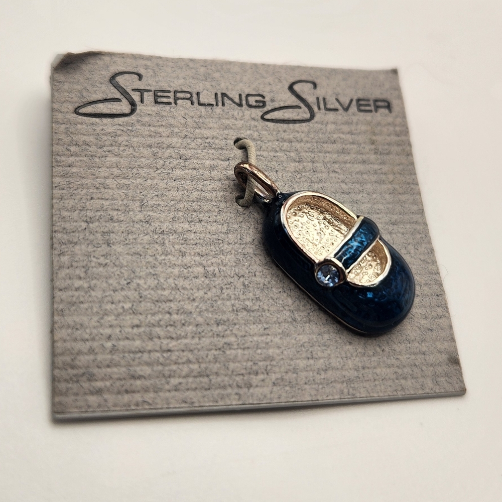Sterling Silver Blue Enamel Baby Shoe‎ Mary Jane Charm Pendant 925 NWT